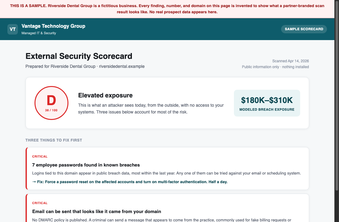Sample branded scan scorecard under a partner's own name and colors, showing a grade, a dollar exposure estimate, and three things to fix