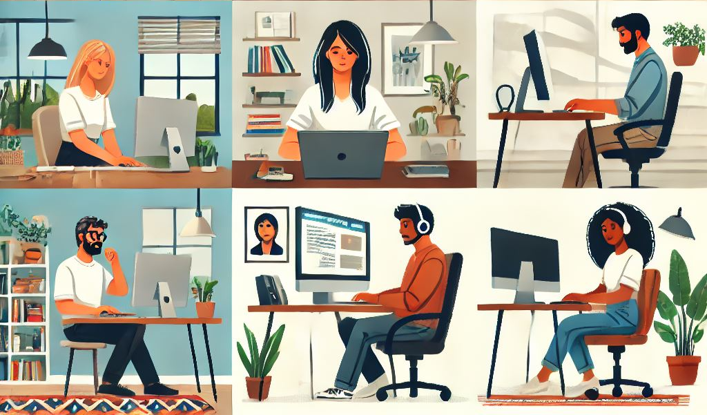 Various depictions of remote workers and their setups in a cartoonish style. 