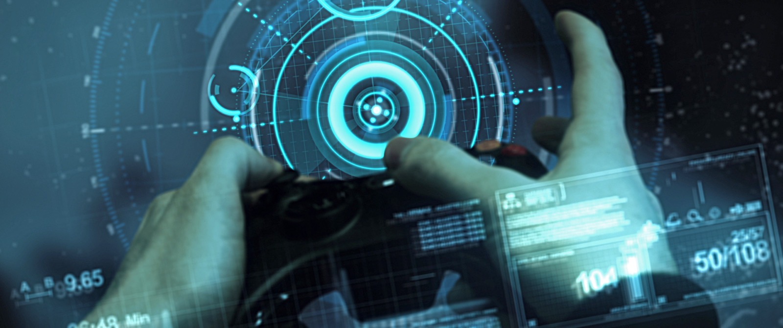 Hands touching a high tech interface