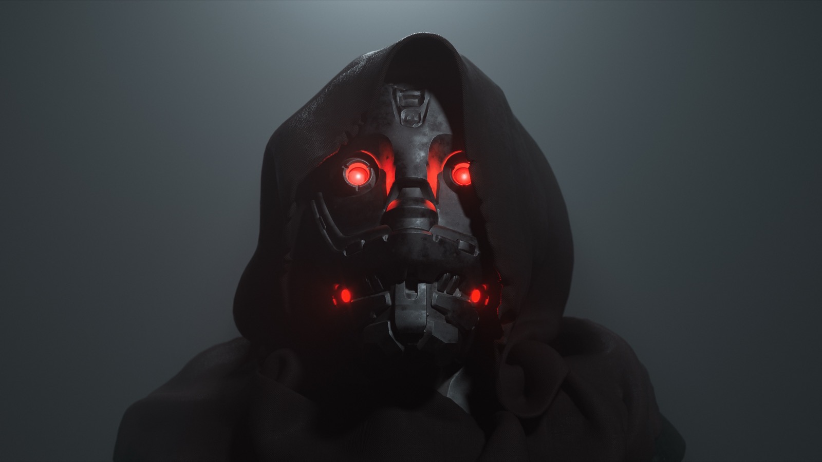 A robotic figure with glowing red eyes wears a dark hood in a dimly lit setting, creating a mysterious and ominous mood.